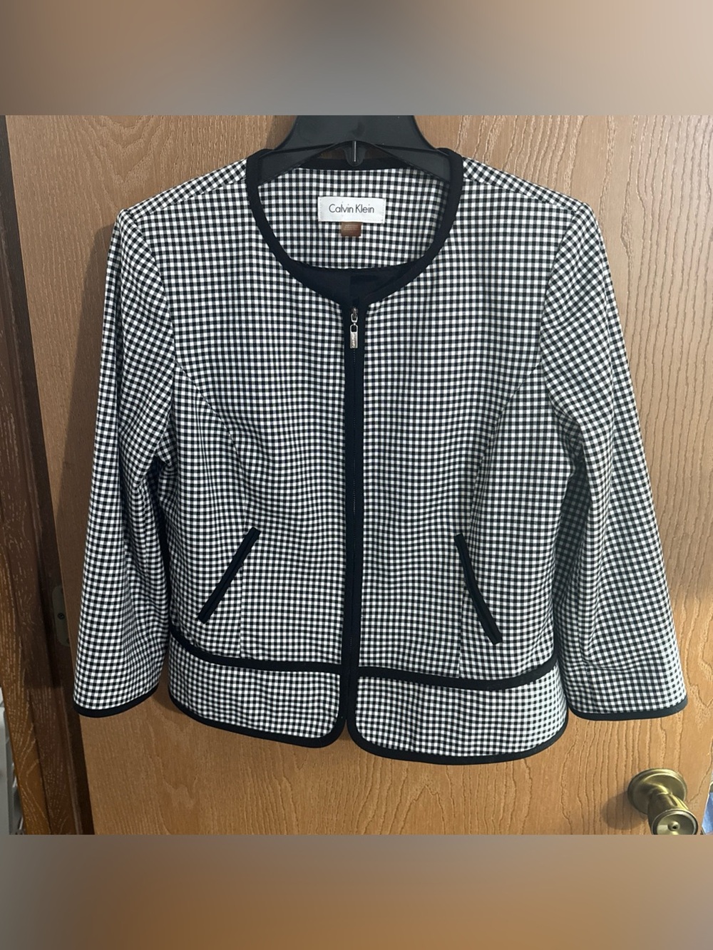 Calvin Klein Gingham Checkered Full Zip 3/4 Sleeve Blazer Style Jacket Size 10